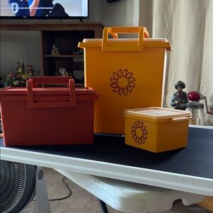 Tupperware Orange and Red Vintage Plastic Storage Containers with Handles